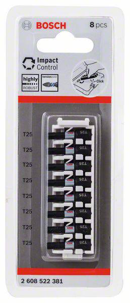 'Bosch Impact Control' Set with 8 T25 Screwdriver Bits in a Packaging. Instructions for Quick Insertion. Article Number: 2 608 522 381.