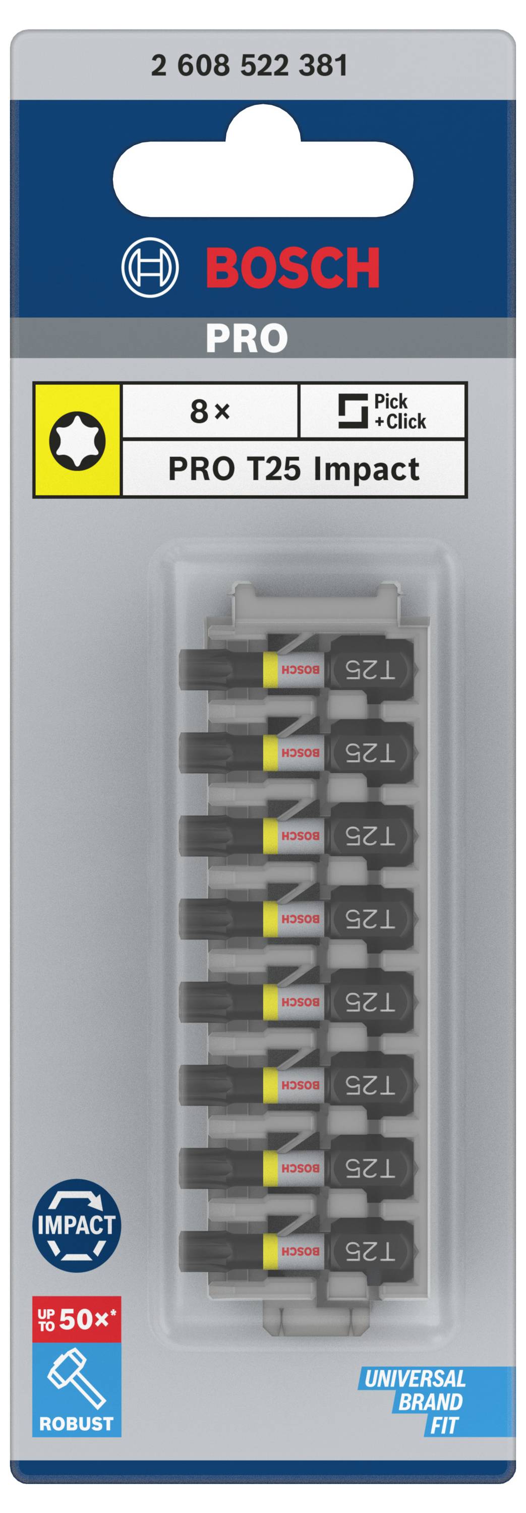 Bosch packaging for PRO T25 Impact screwdriver bits, 8 pieces. Suitable for heavy-duty applications, with 'Pick and Click' system.