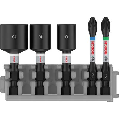 Bit set with four black socket bits (13, 10, 8) and two screwdriver bits (PH2, PZ2) with Bosch logo, secured in a holder.