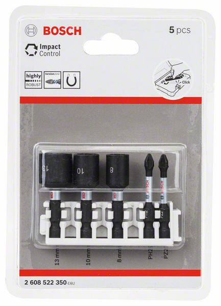 'Bosch Impact Control' Set, 5-piece. Contains sockets and screwdriver bits in various sizes for robust application.