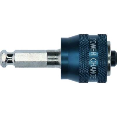 Metallic drill adapter with hexagonal shaft and ribbed blue handle. Text on the handle: 'Power Change Plus'.