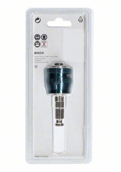 Bosch screwdriver attachment in packaging, shown from the front. Includes recycling and manufacturing country symbols.