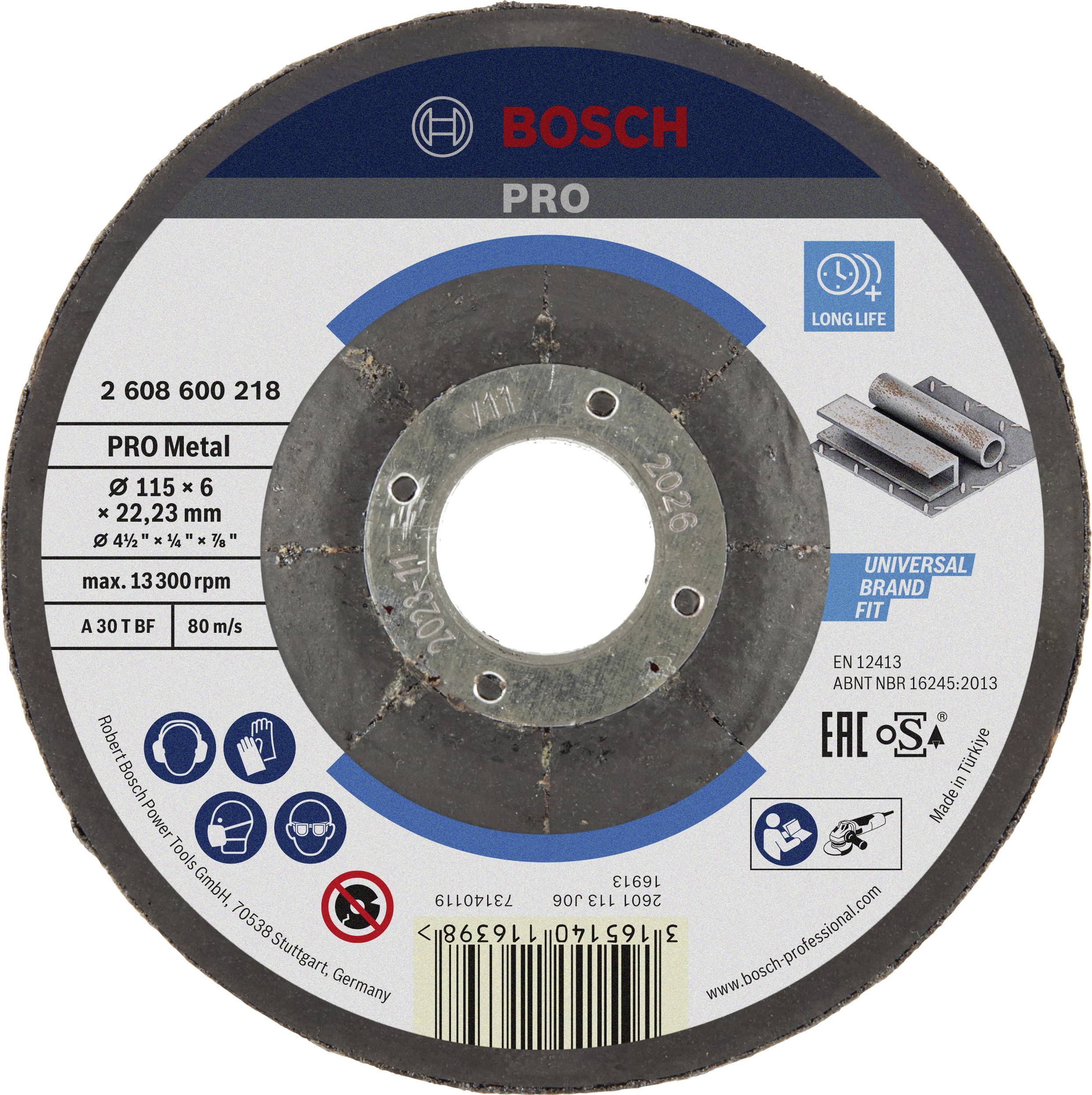 Bosch grinding disc, PRO series, for metal processing. Diameter 115 mm, maximum speed 13,300 rpm, 'Long Life' and 'Universal Brand' logos visible.