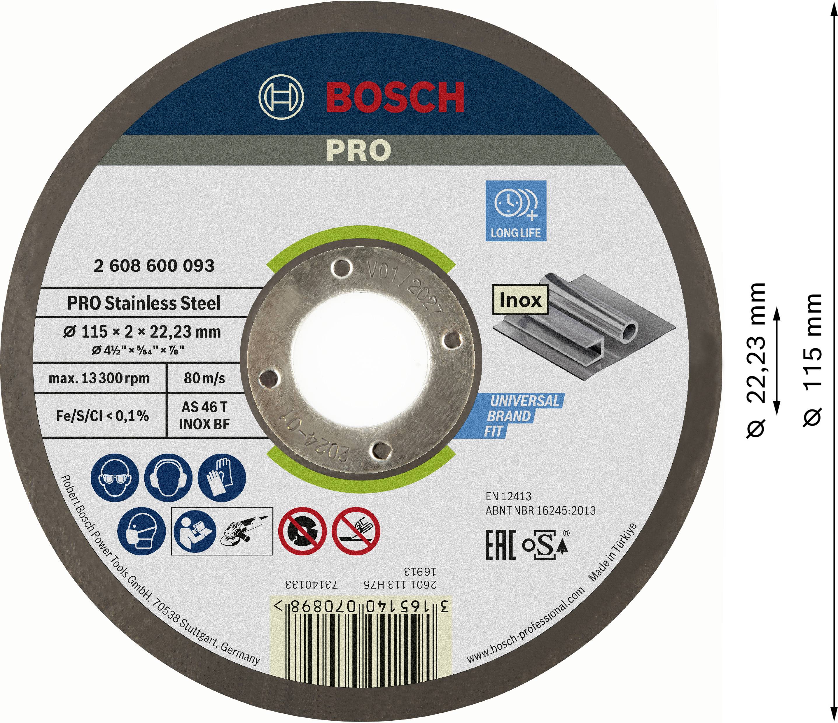 'Bosch PRO' cutting disc for stainless steel, 115 mm diameter, 2.23 mm thickness. Markings: 'Inox', 'Long service life', GS mark.