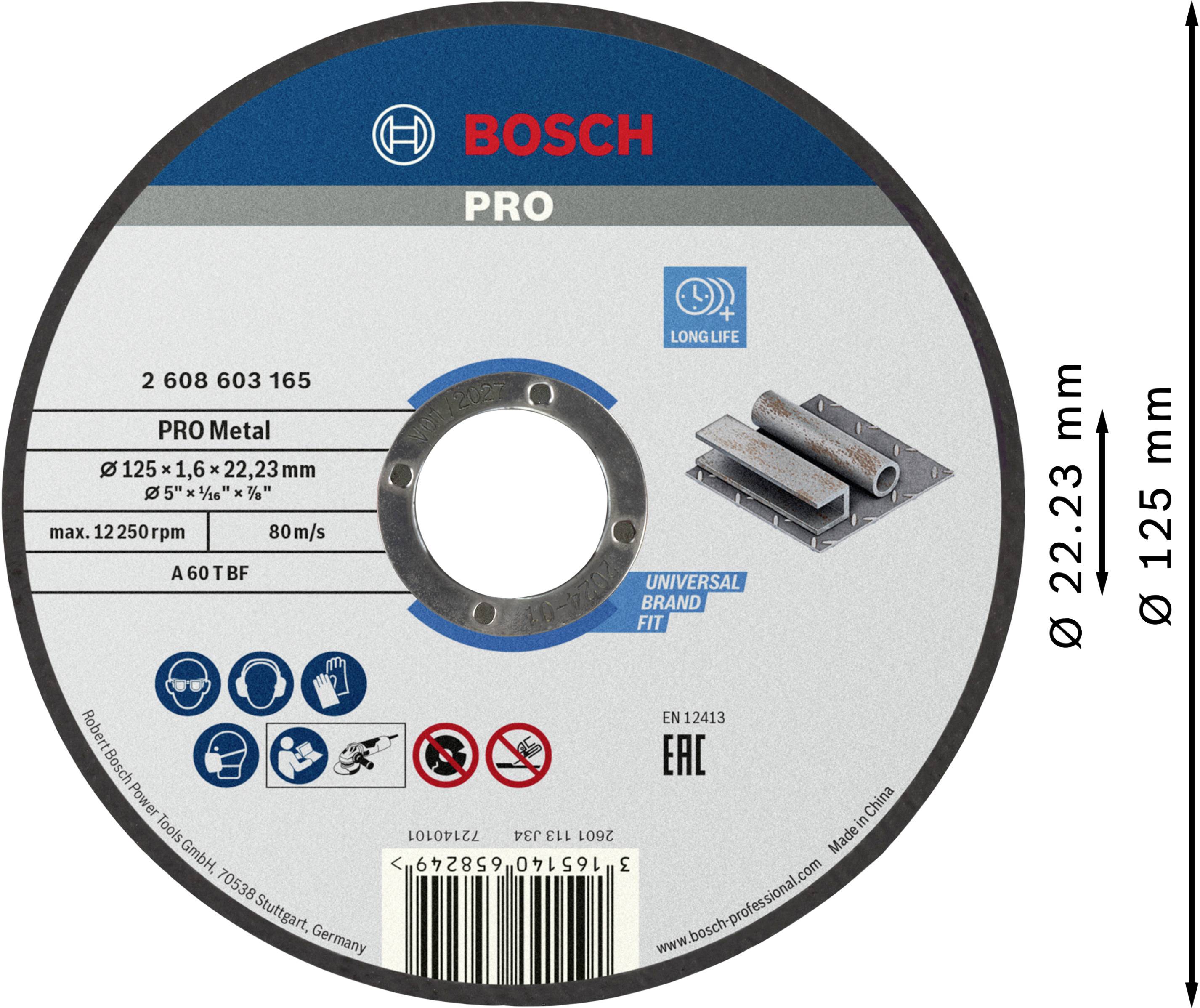 Grinding disc for metal, 125 mm diameter, 22.23 mm bore. Brand: Bosch. Model: PRO Metal, durable, high quality.