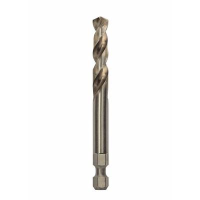 A metal drill bit with spiral flutes and a hexagonal shank, suitable for drilling into materials such as metal and wood.