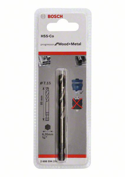Bosch drill bit with HSS-Co for wood and metal, length 85 mm, diameter 7.15 mm, packaging shows drill bit with application images.
