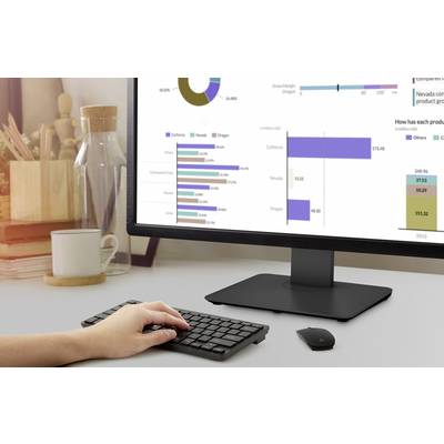 A person is working on a computer with various bar and pie charts displayed on the screen. A desk with a keyboard, mouse, and glass.