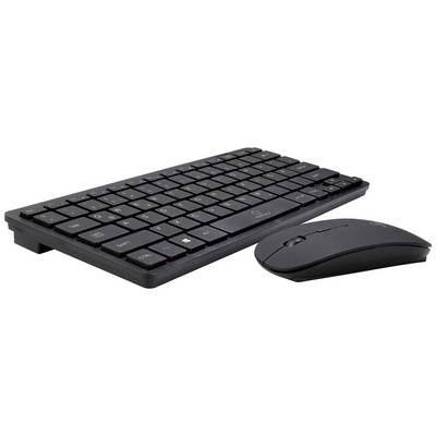 Wireless black keyboard and mouse on white background.