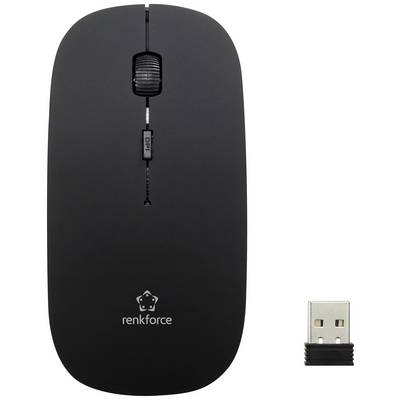 Black wireless mouse by Renkforce with USB receiver, compact and modern in design.