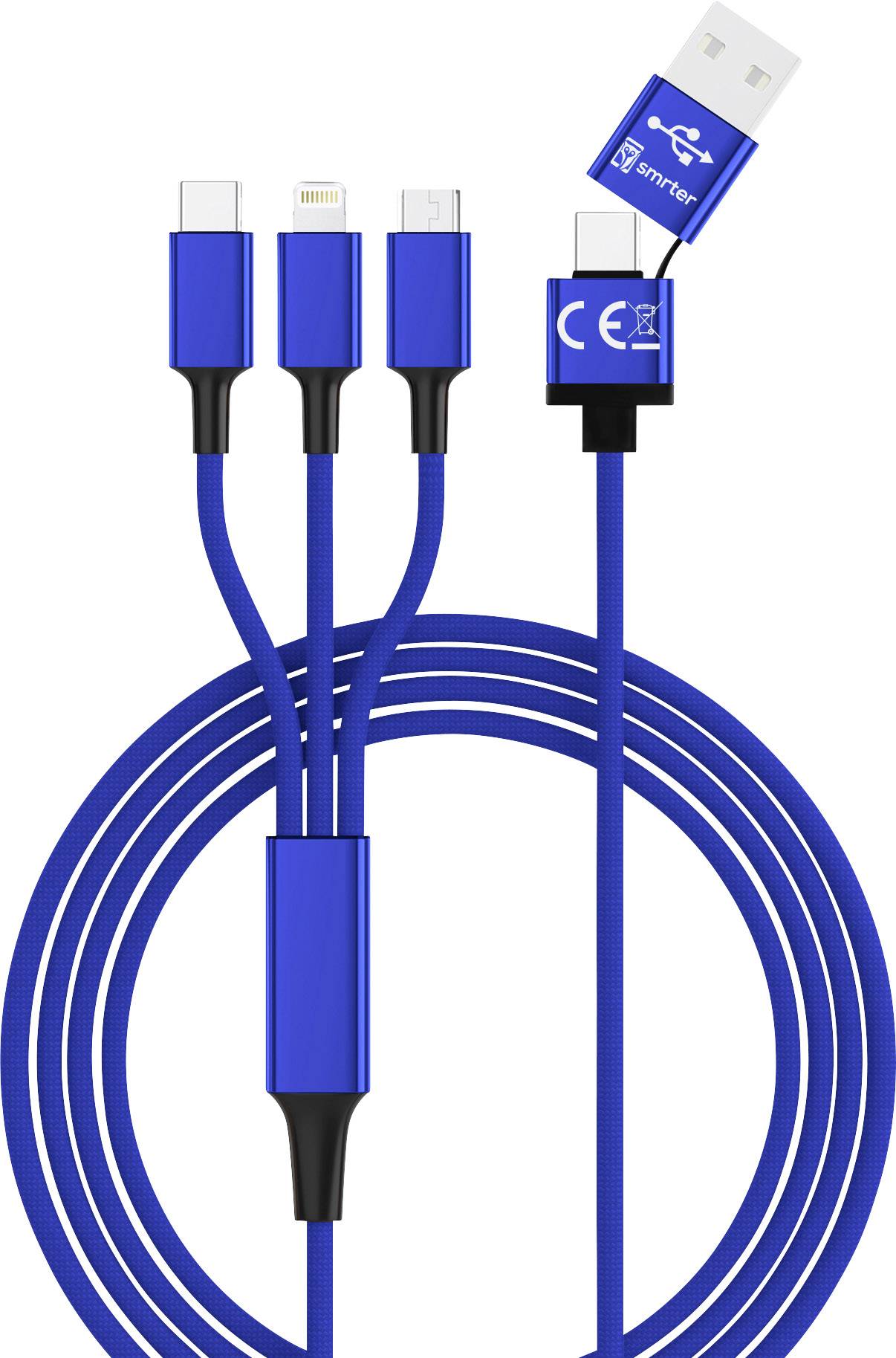 Smrter USB charging cable USB 2.0 USB-A plug, USB-C® plug, Apple Lightning plug, USB Micro-B plug 1.20 m Blue SMRTER_HYDRA_ULT_NB