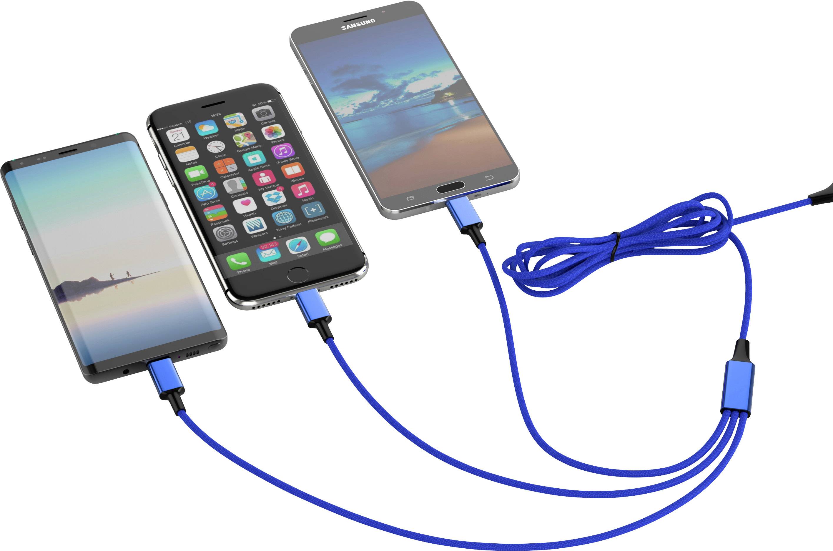 Three smartphones are connected via a blue-headed USB cable. The cable splits into three to charge each device.