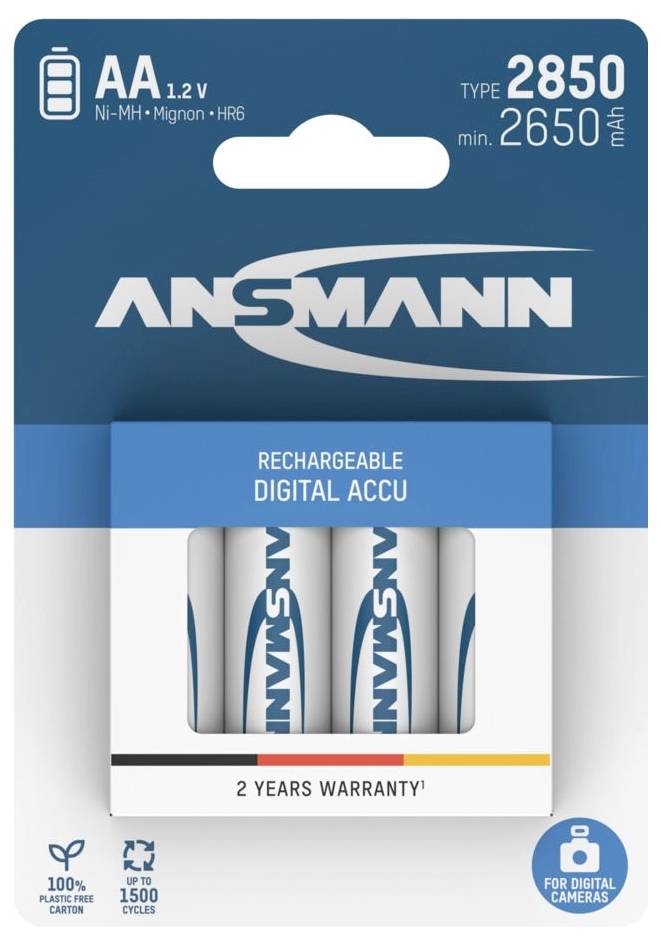 'Two-pack of Ansmann AA rechargeable batteries, 2850mAh, suitable for digital cameras, Ni-MH, up to 1500 cycles, 2-year warranty.'