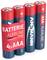 Four blue AAA alkaline batteries from a German brand with a red outer packaging, showing 'Batterie Alkaline 4xAAA'.