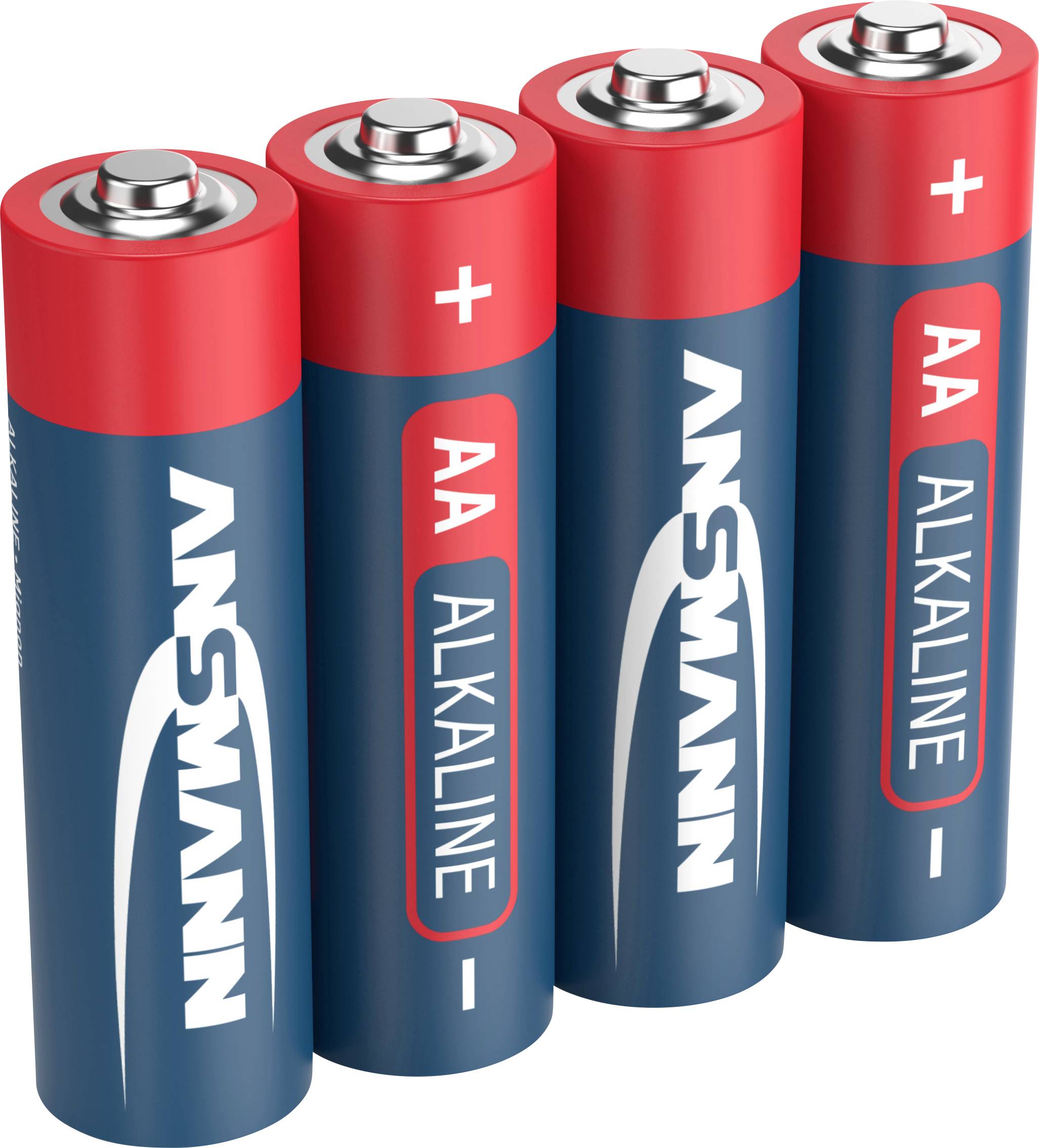 Four AA alkaline batteries placed side by side, with blue and red design and 'ANSMANN' print.