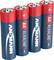 Four AA alkaline batteries placed side by side, with blue and red design and 'ANSMANN' print.