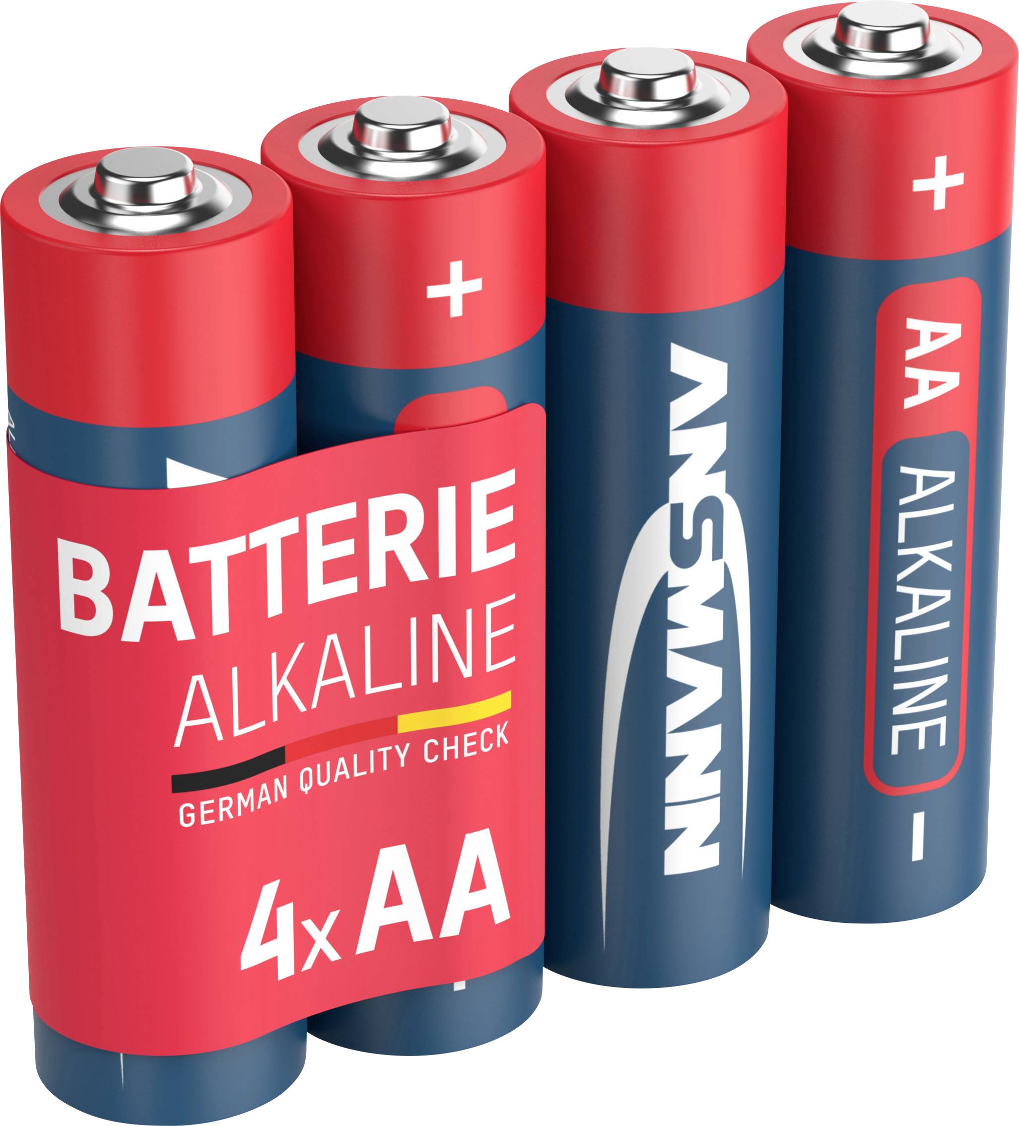 Four AA alkaline batteries in a red package with the inscription 'ALKALINE BATTERY 4x AA'.