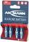 A pack of four AA alkaline batteries by Ansmann in a blue and red packaging, suitable for devices such as clocks and toys.