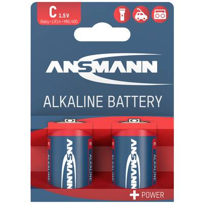 'Ansmann Alkaline Battery, Type C, 1.5V, pack of two. Suitable for torches, toys, remote controls.'