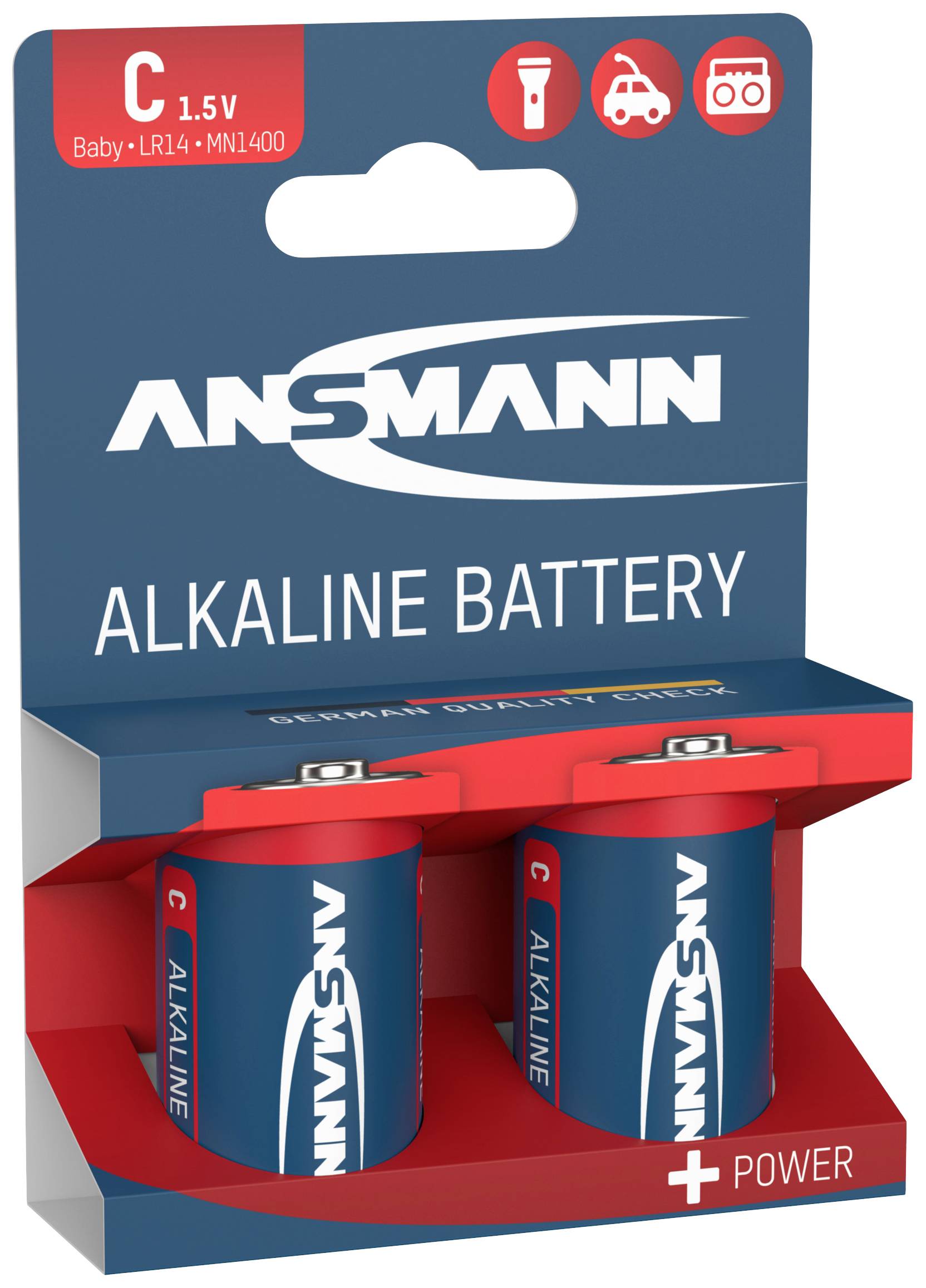 'Ansmann alkaline battery pack with two Baby C 1.5V batteries, suitable for torches, toys and other devices.'