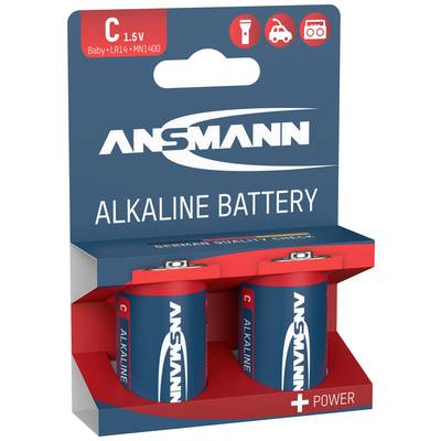 'Ansmann alkaline battery pack with two Baby C 1.5V batteries, suitable for torches, toys and other devices.'
