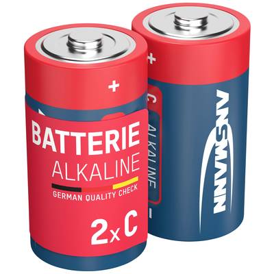 Two red and blue Ansmann alkaline batteries with 'Alkaline Battery' inscription, size '2xC', German quality tested.