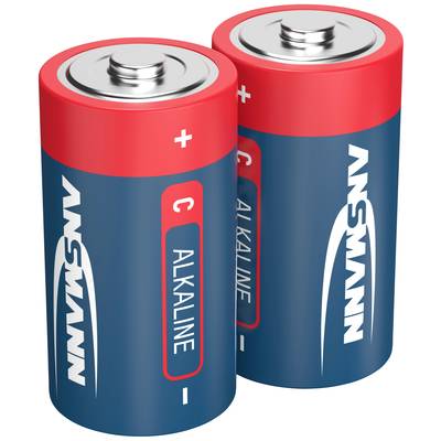 Two alkaline C-size batteries with red positive and negative pole rings. They are blue and printed with the 'Ansmann' brand.