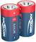 Two alkaline C-size batteries with red positive and negative pole rings. They are blue and printed with the 'Ansmann' brand.