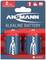 'Packaging containing two Ansmann alkaline batteries, Type D, 1.5 V, suitable for torches and toys.'