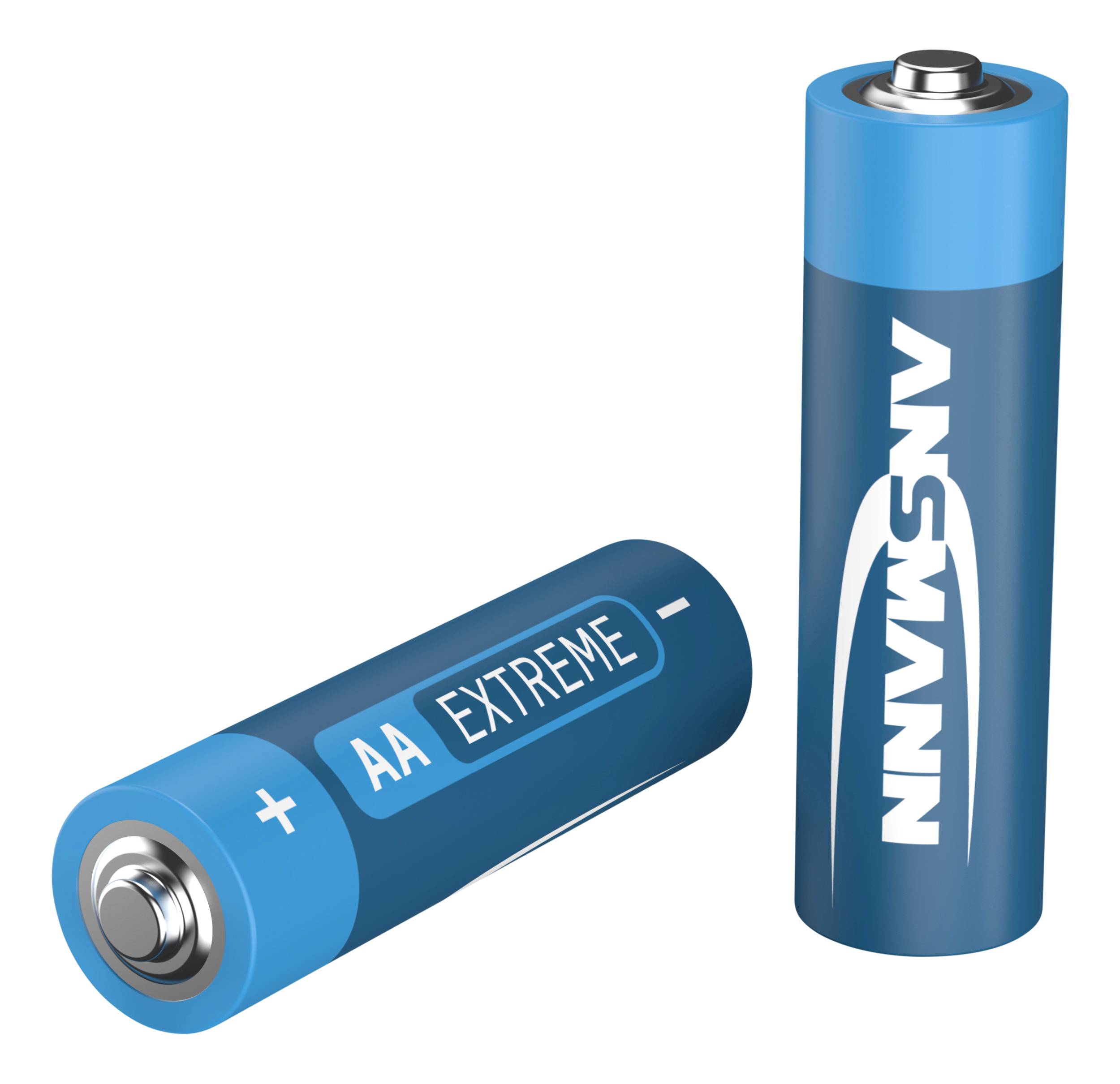 Two blue AA batteries, one standing upright, the other lying down. 'EXTREME' lettering and brand name visible on the side.