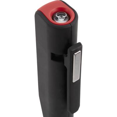 Black and red torch attachment with silver clip, suitable for fastening to clothing or bags for mobile use.