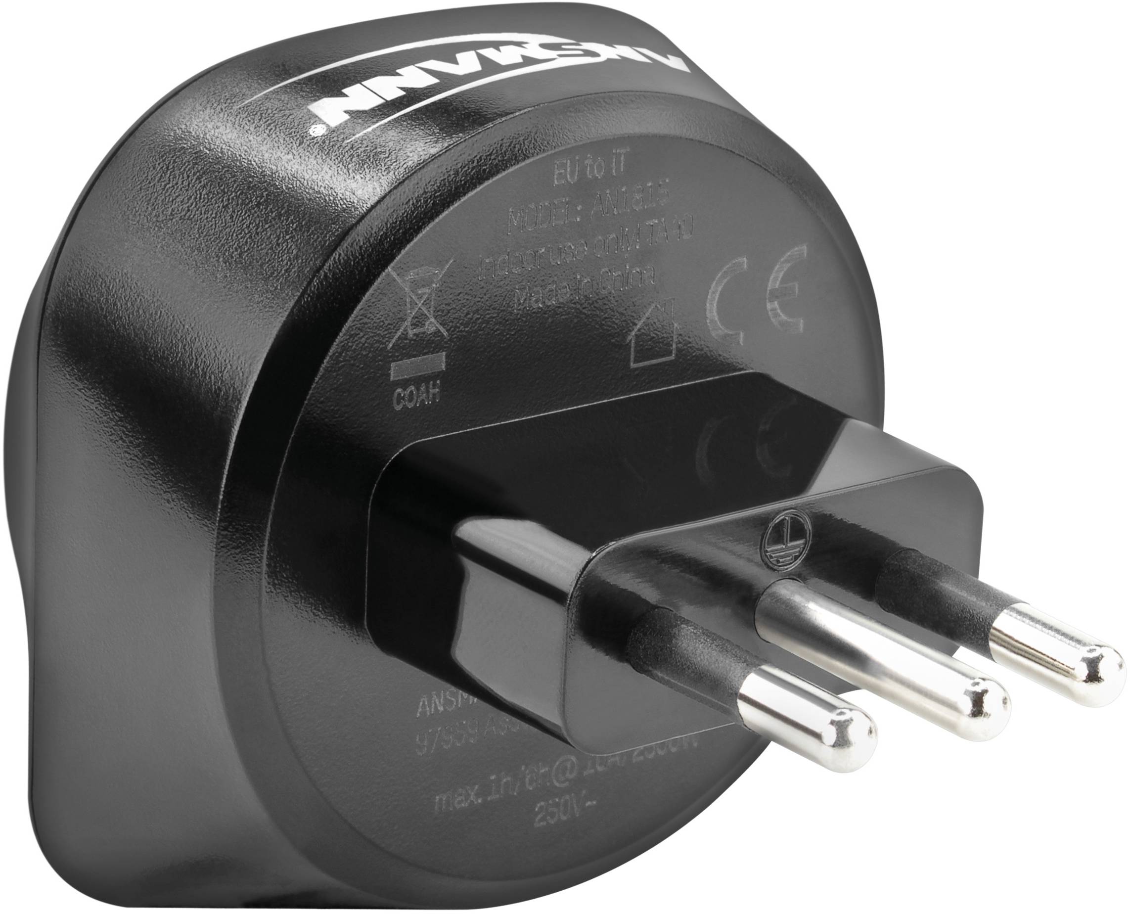 'Black network adaptor with three-pin plug, suitable for EU sockets, displaying safety certifications and technical markings.'