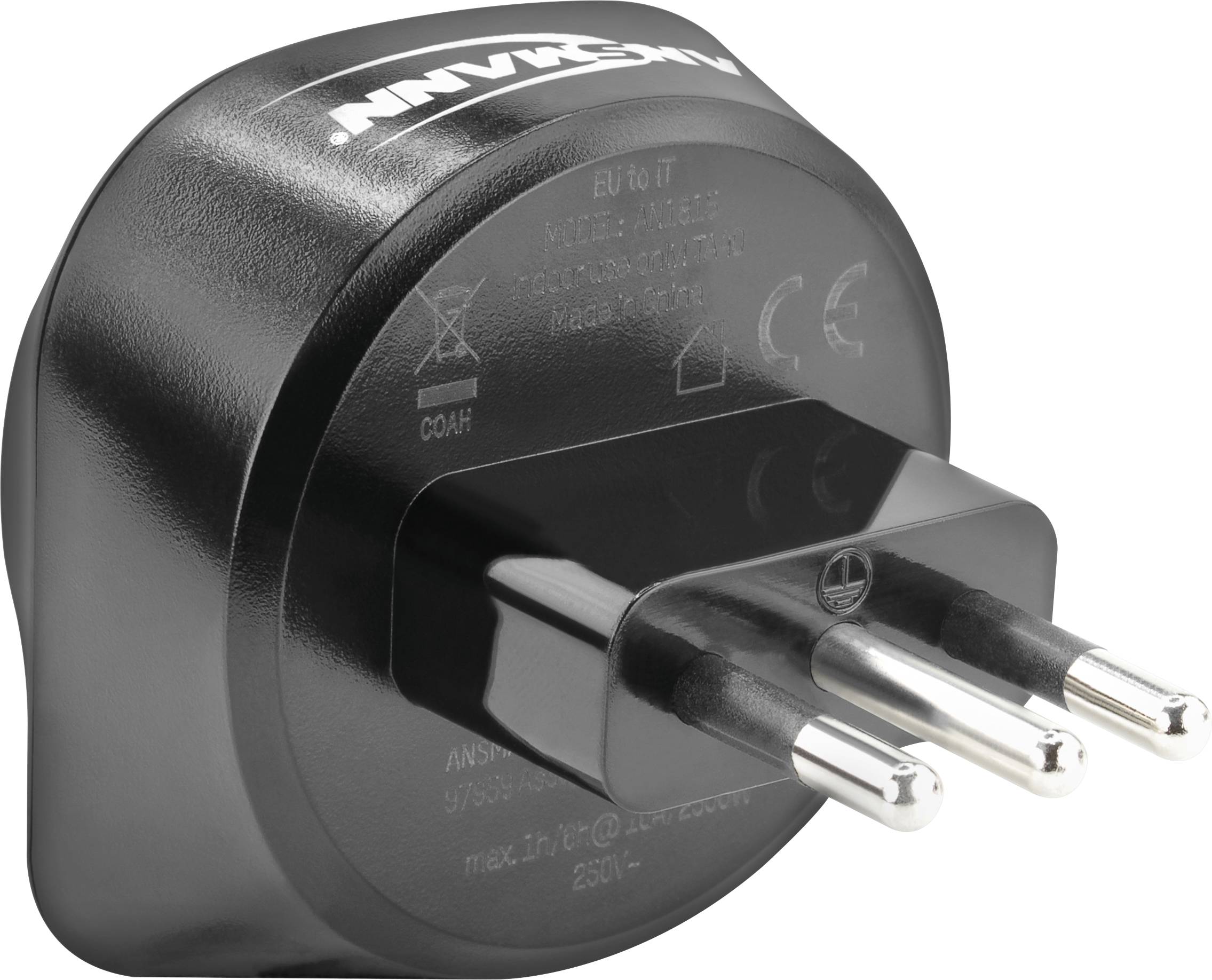 'Black network plug adapter from EU to IT with three pins, embossed text and CE marking on the reverse side.'