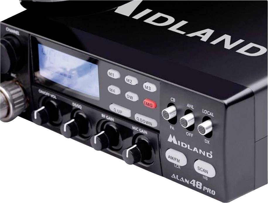 A black radio transceiver with 'MIDLAND' printed on it. It has several rotary knobs and buttons, including 'AM' and 'FM', and a display.