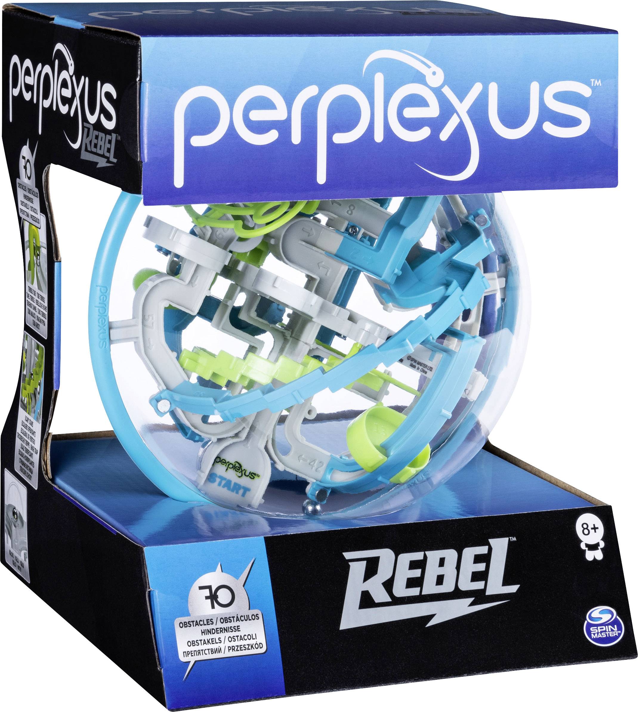Perplexus Rebel 3D Ball Maze Game in a Box. For ages 8 and up, with 70 obstacles to overcome. Contains complex pathways.