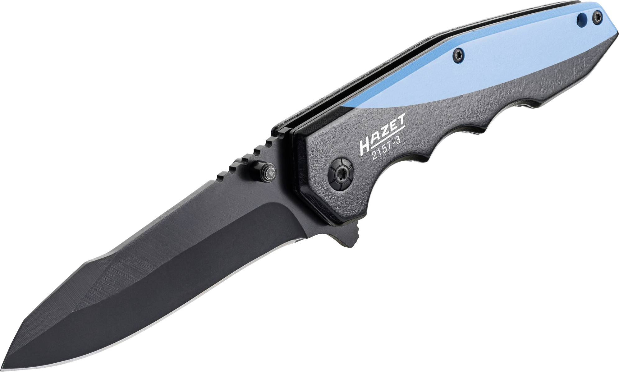 Folding knife with a black blade and blue-black handle, printed with 'Hazet' and model number, suitable for outdoor activities.