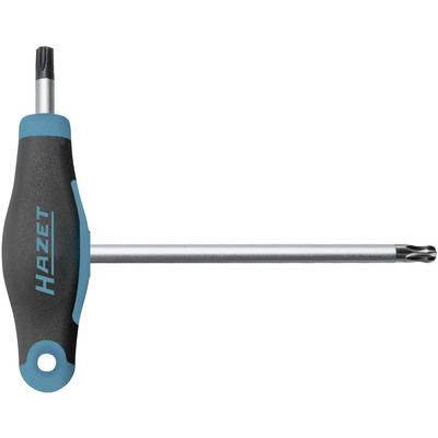 A T-handle screwdriver with a black and blue grip and silver shaft, labelled 'Hazet'. Workshop tool.