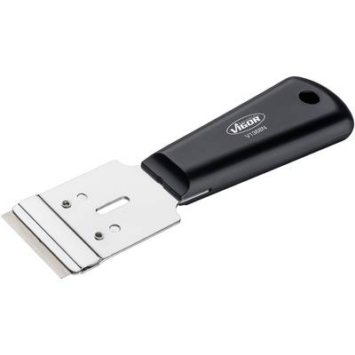 A glass scraper with a black handle and silver blade, suitable for removing stickers or residues from glass surfaces.