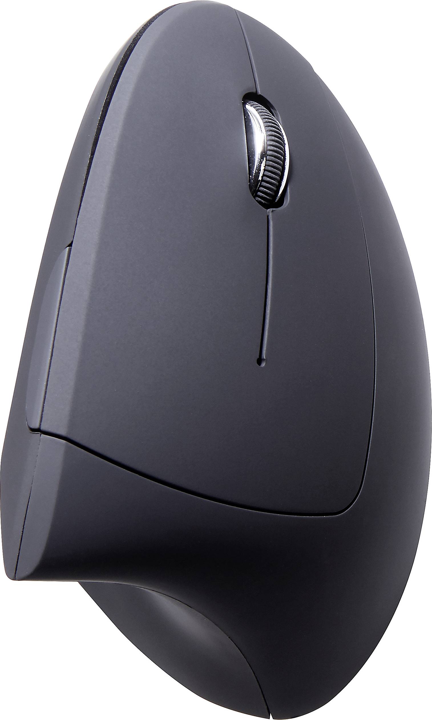 Ergonomic, vertical computer mouse in black, side view. It improves hand positioning and reduces strain during use.
