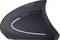 Ergonomic, vertical mouse in black with two side buttons and illuminated line to reduce wrist strain during work.