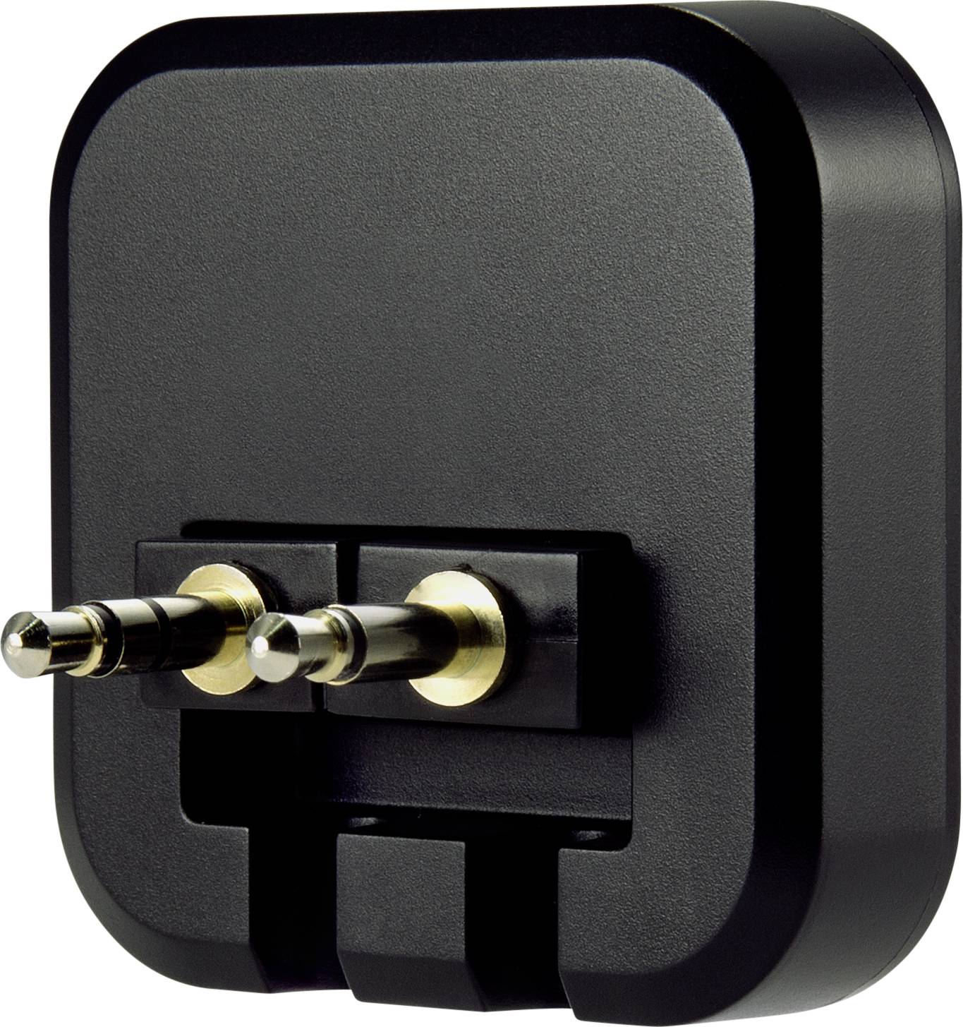 A black adapter plug with two gold-coloured pins for use in a power socket.
