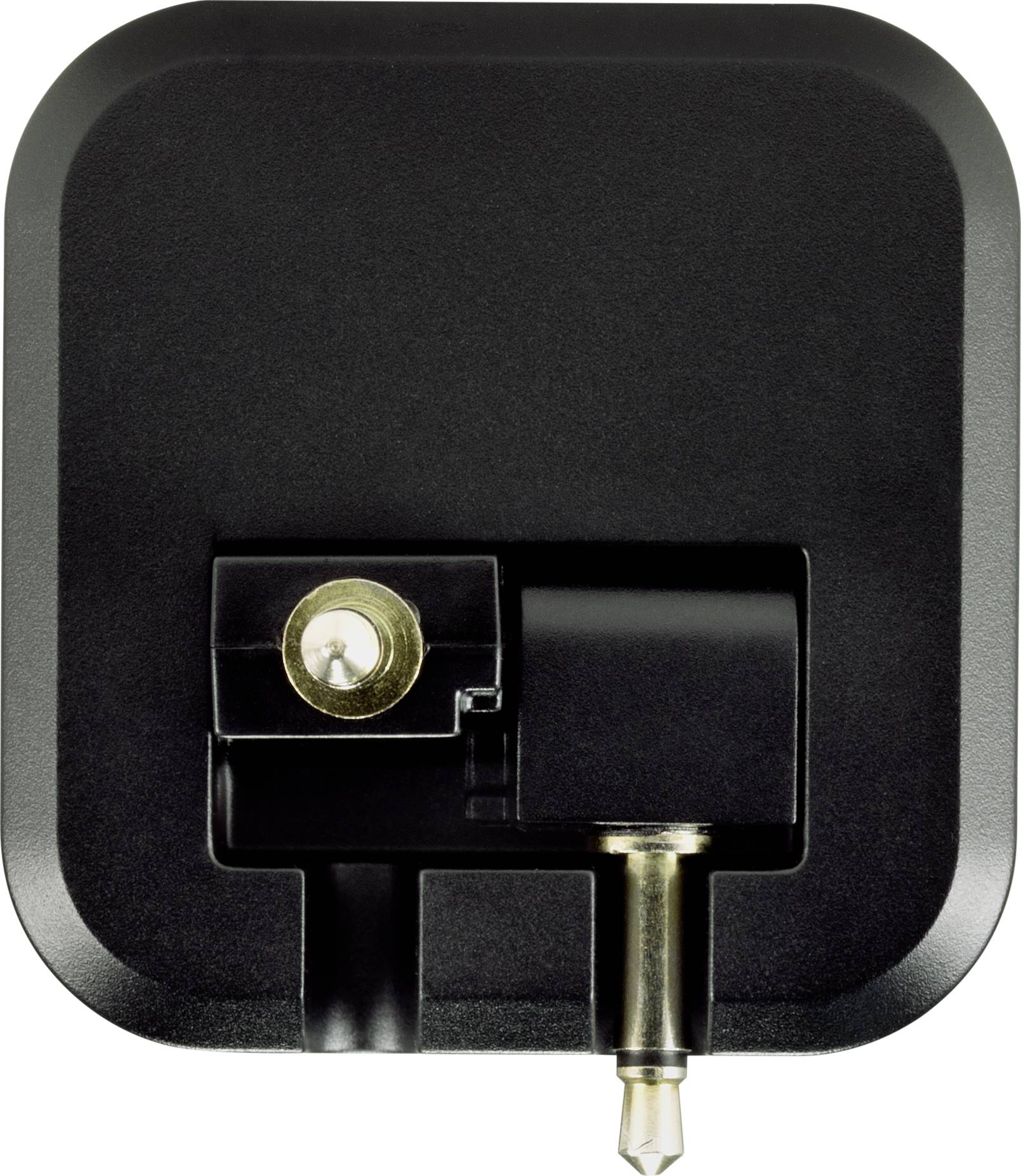 Black power adapter viewed from the front, with rounded corners and a metal plug located centrally at the bottom.