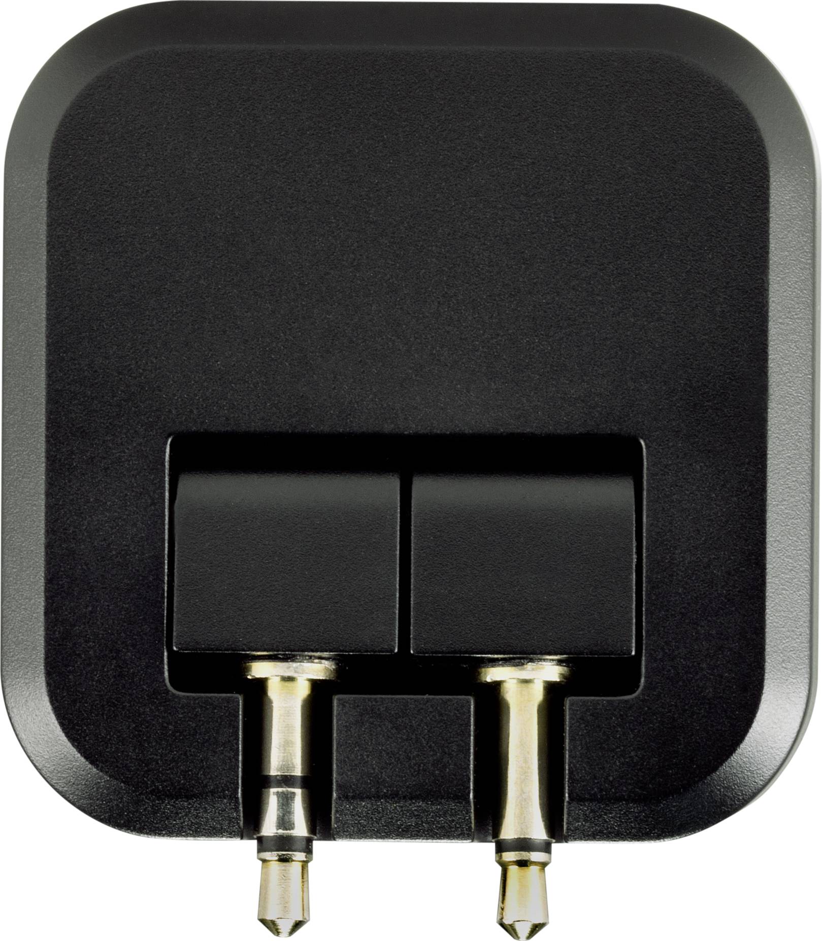 Black adapter housing with two gold-coloured plugs.