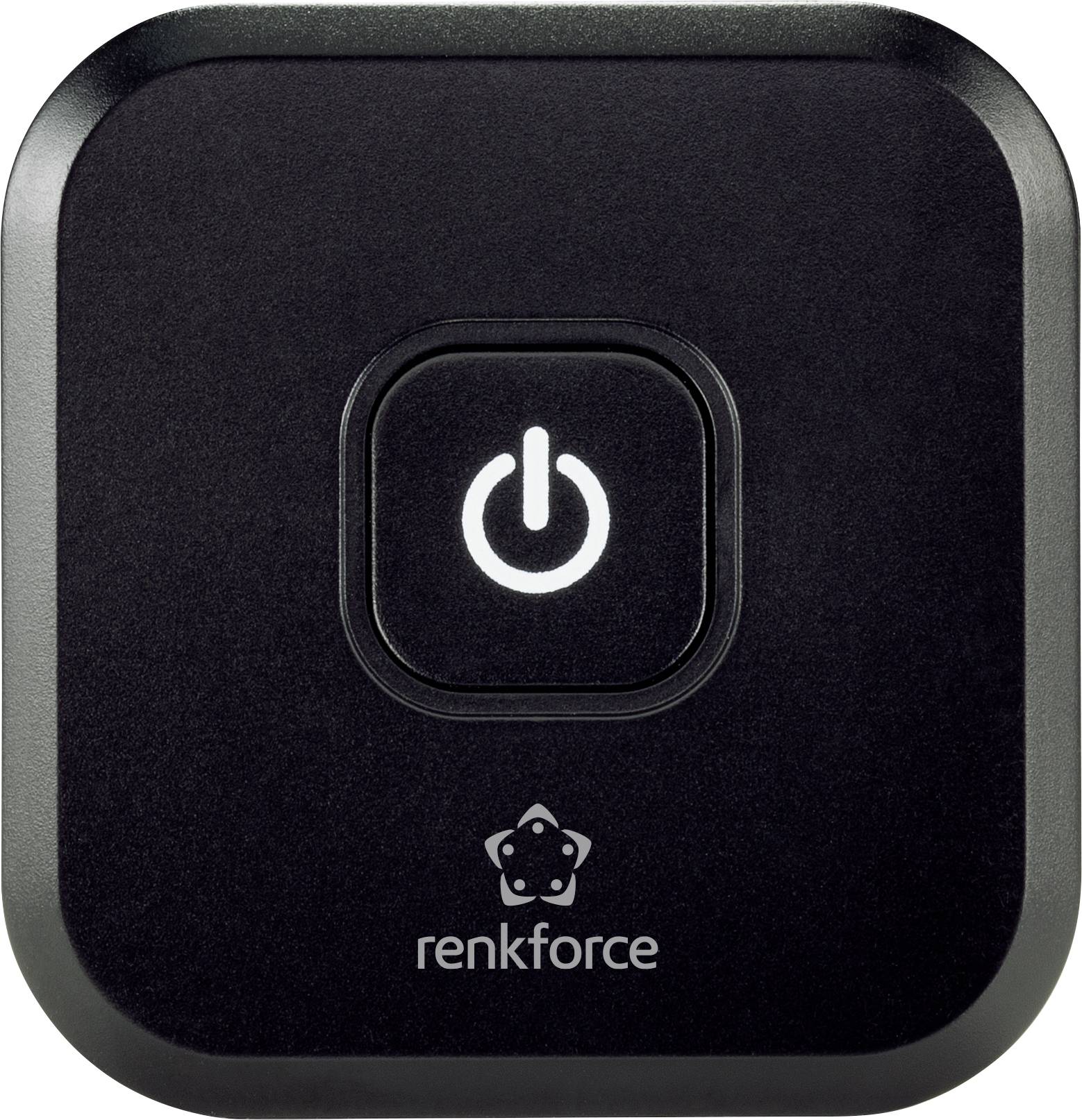 Black adapter with white power on/off switch symbol and 'renkforce' logo underneath.