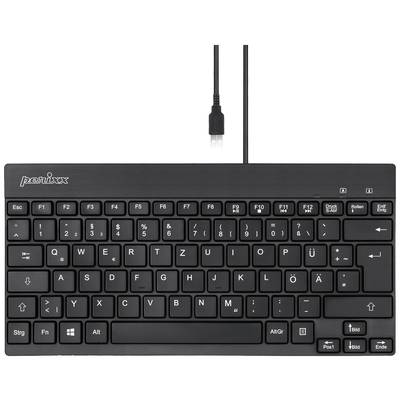 A German QWERTZ keyboard with black design and USB cable connection, compact and portable, suitable for computer use.