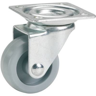 Metal furniture castor wheel with grey plastic wheel and mounting plate, for installation on furniture or equipment.