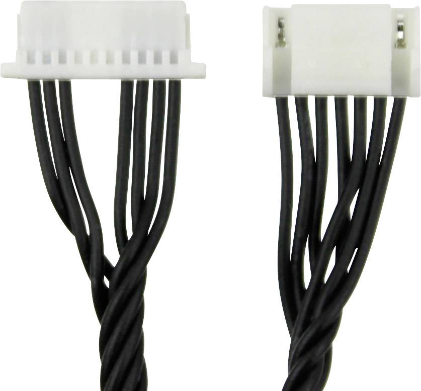 'Two white electrical connectors with black cables lying side by side.'