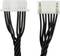 'Two white electrical connectors with black cables lying side by side.'