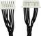 Two white connectors with black cables, each with eight pins, are shown. They are intended for electronic connections.