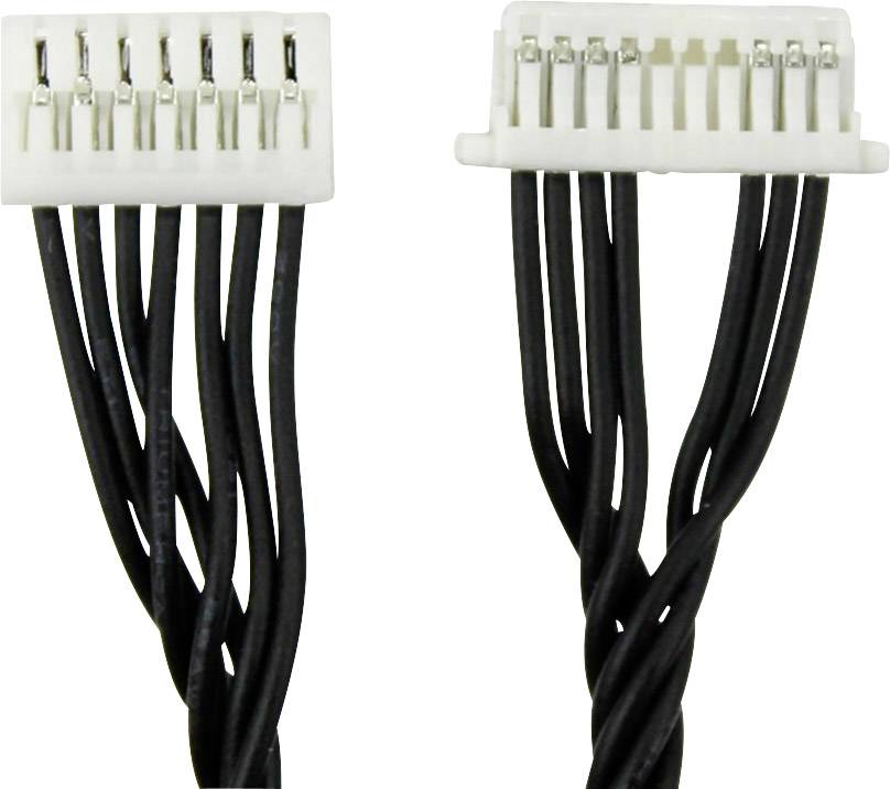White plug with ten black cables led out from two rows of pins. Connected to a similar component.